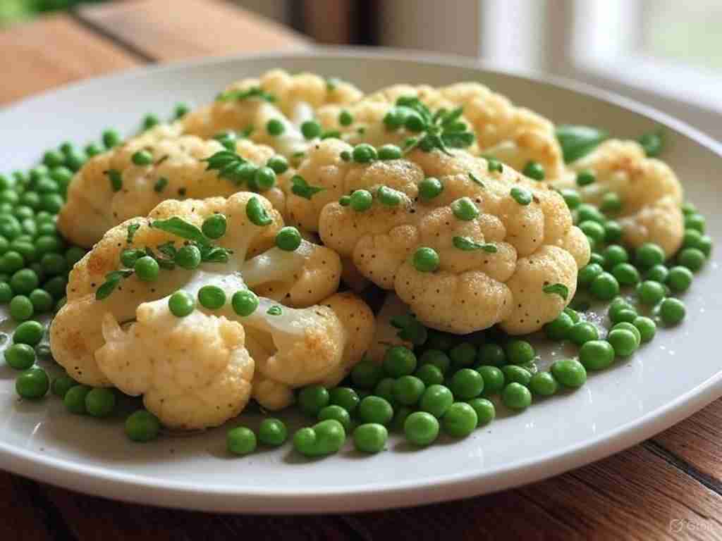 Bloemkoolsteaks met doperwten en kruiden