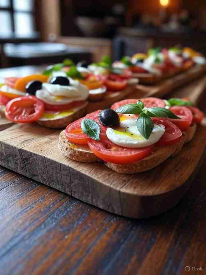 Bruschetta Caprese met perzik en olijven