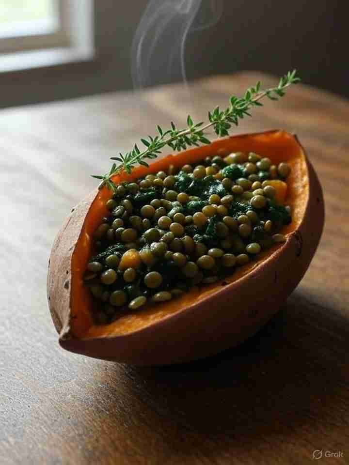 Gepofte Zoete Aardappel met Linzen en Spinazie