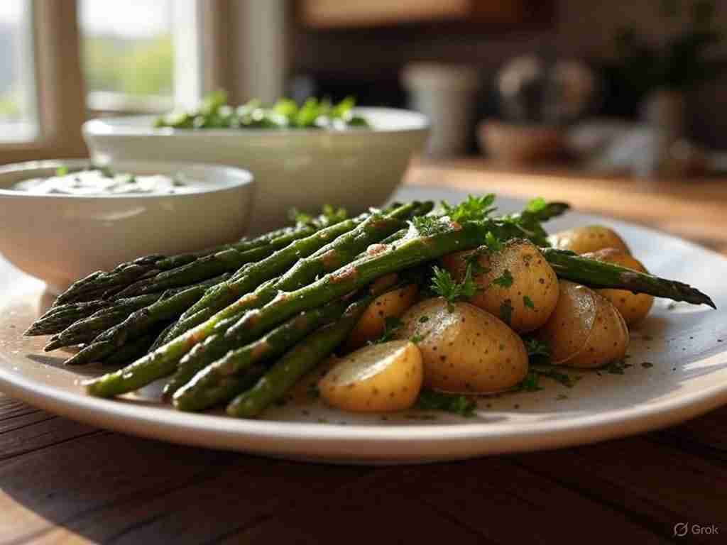 Geroosterde asperges met aardappelen en kruiden-yoghurt