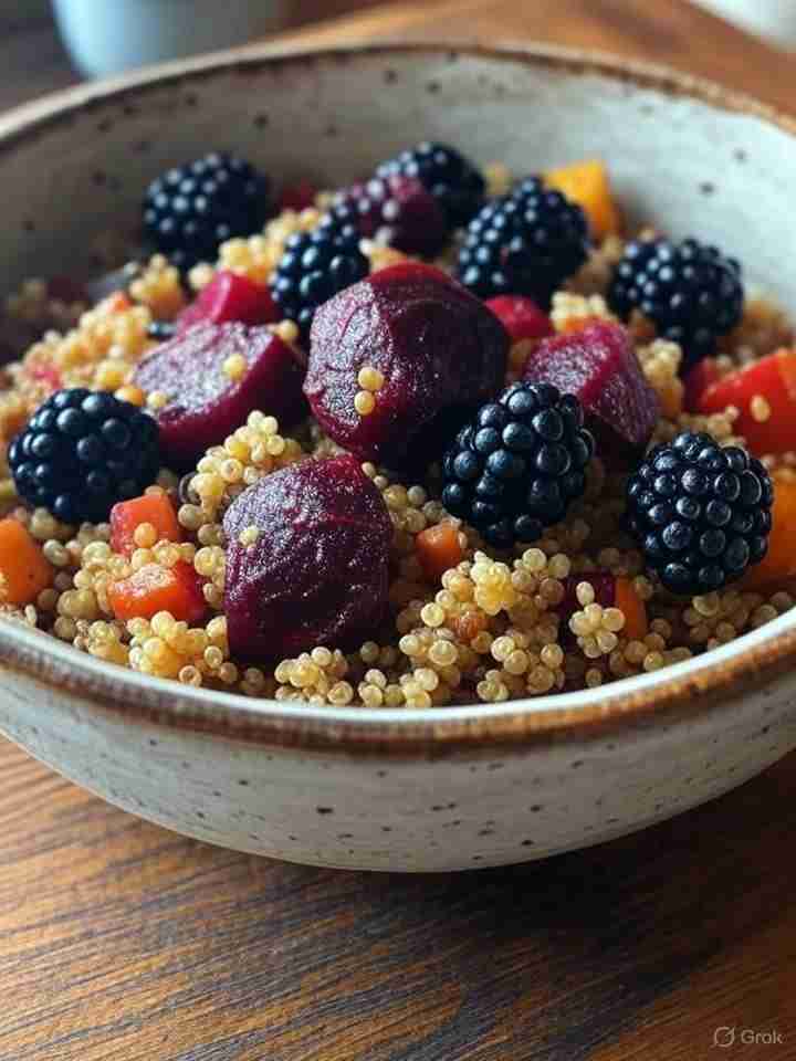 Geroosterde bieten-quinoa schotel met bramen
