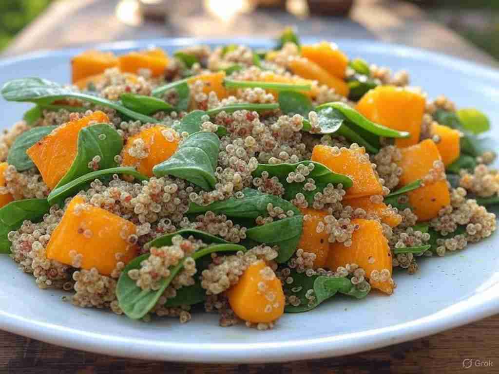 Geroosterde pompoen-quinoa salade met spinazie