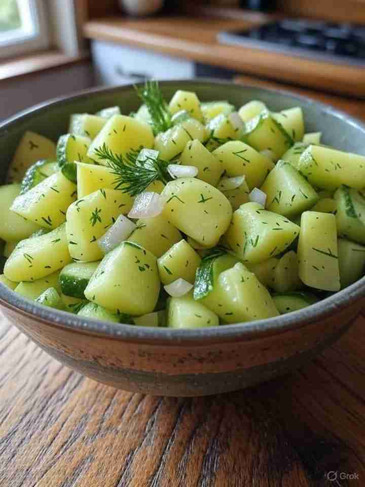Kartoffelsalat mit Gurken und Dill (Duitse aardappelsalade met komkommer en dille)