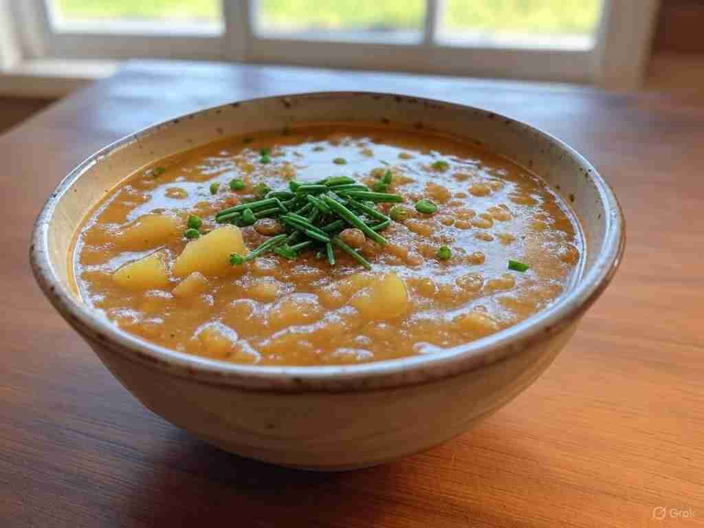 Lente-uiensoep met aardappel en bieslook