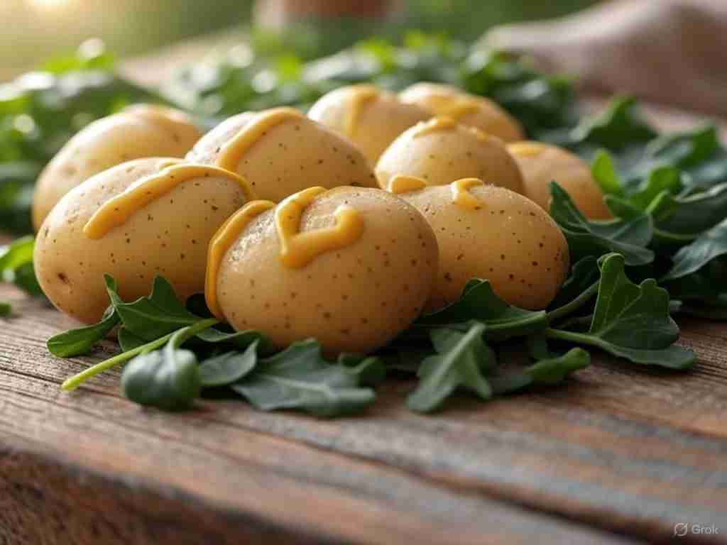 Nieuwe aardappelen met raapstelen en mosterd-dressing