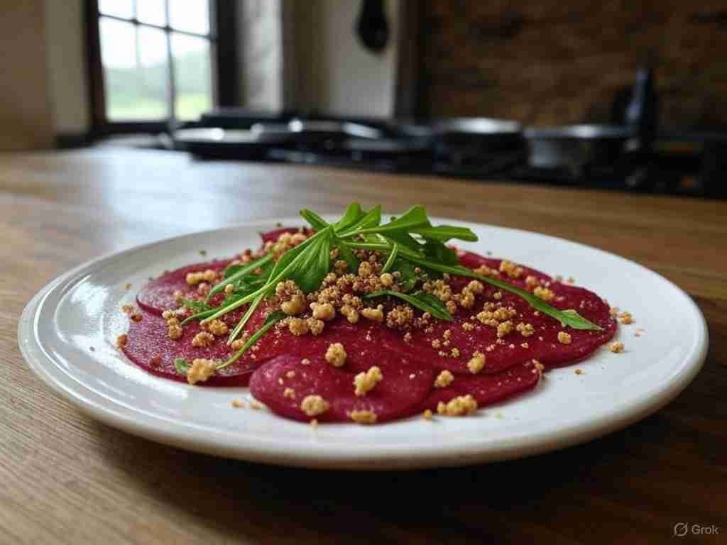 Rode Biet Carpaccio met Walnootkruim en Rucola