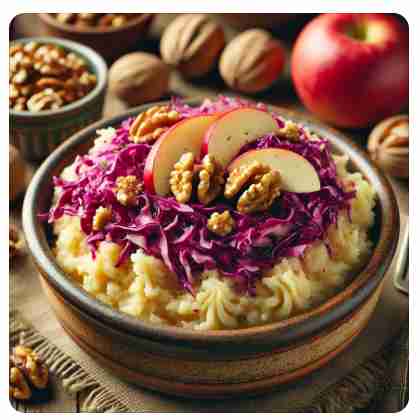 Rodekoolstamppot met Appel en Walnoten