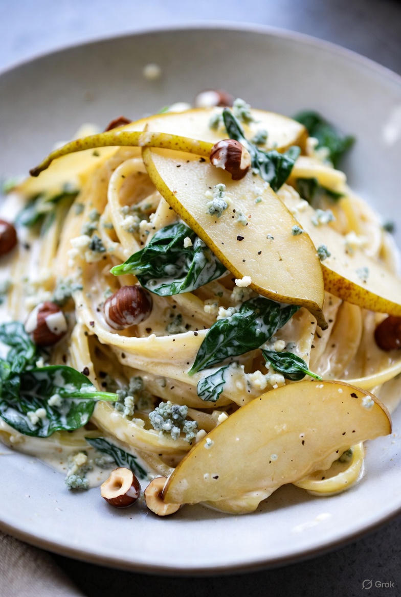 Romige peer pasta met blauwe kaas spinazie en hazelnoten