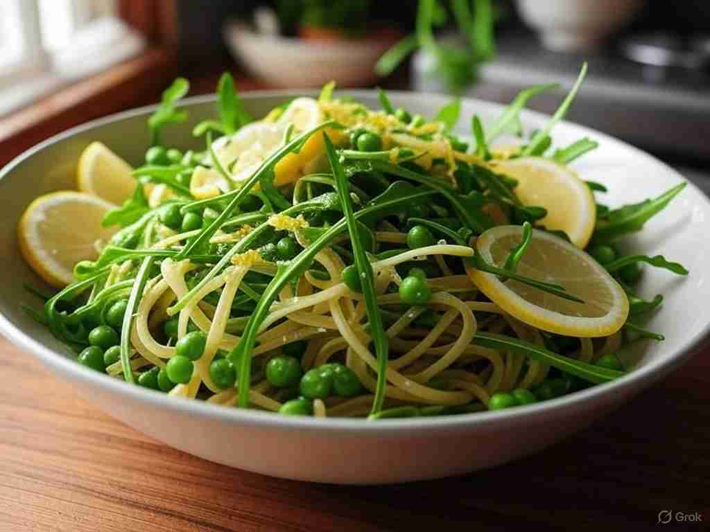 Rucola-pasta met doperwten en citroen