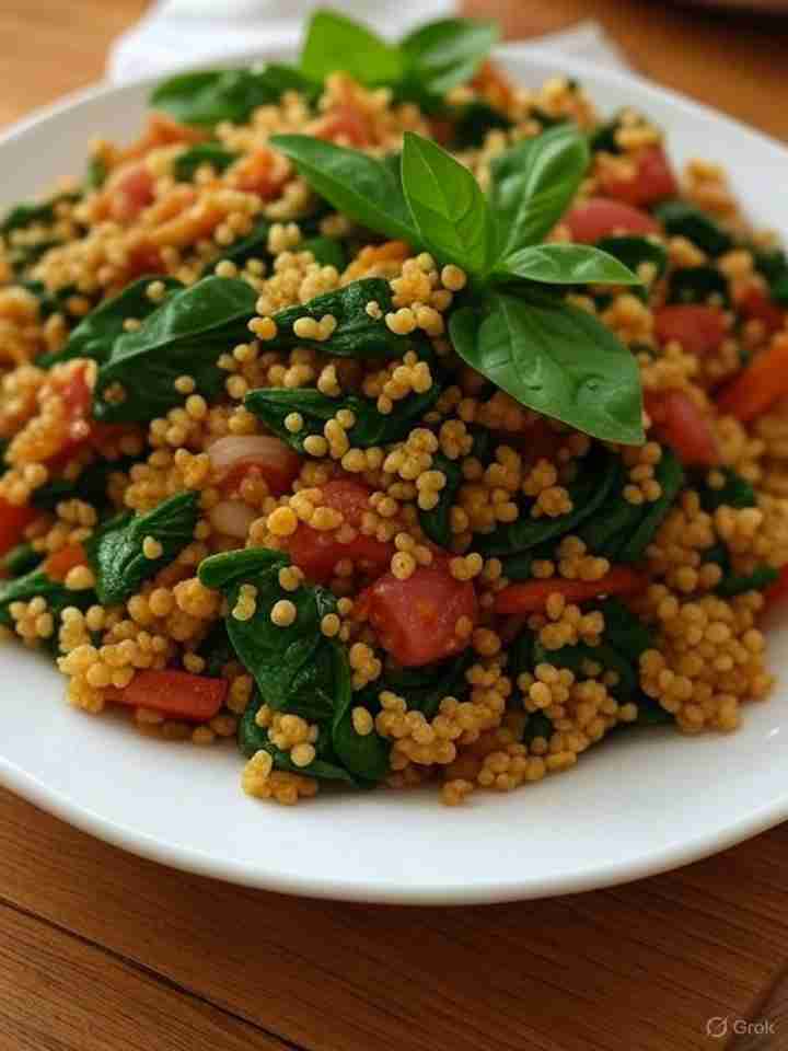 Spinazie-tomaat-roerbakschotel met gierst