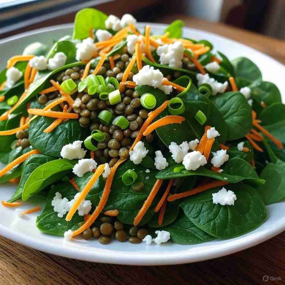 Spinazie wortelsalade met linzen en feta