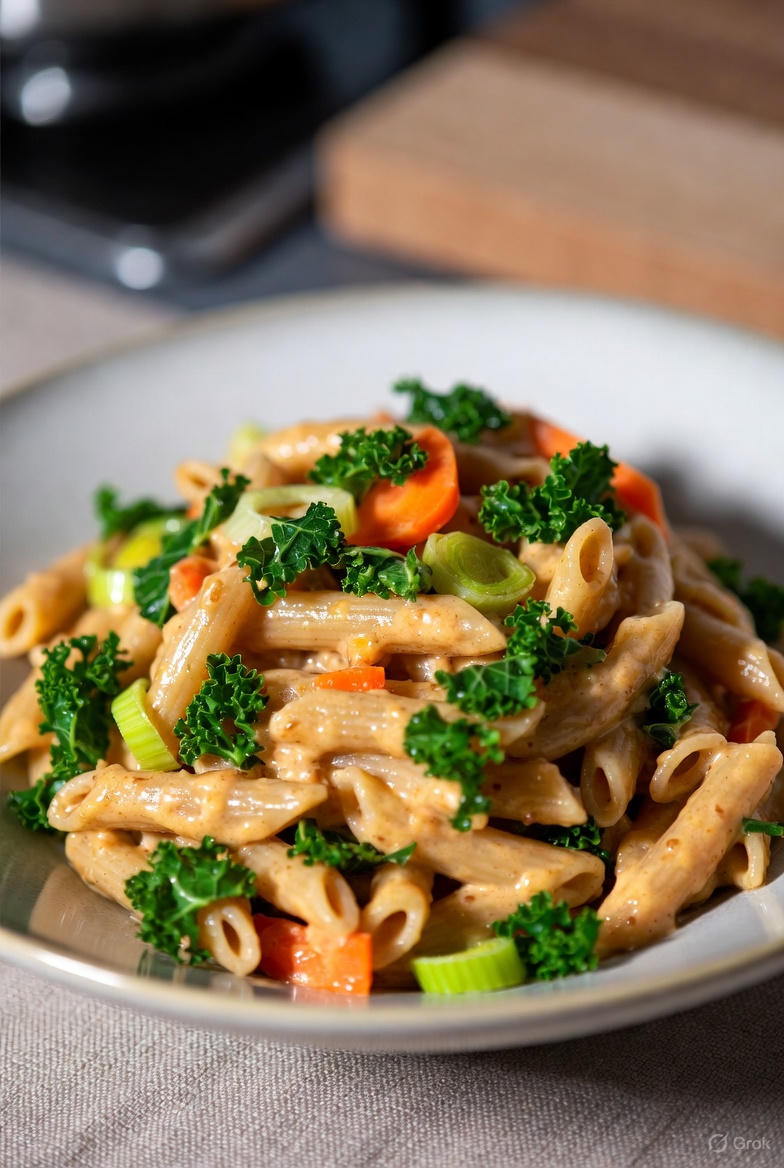 Vegetarische Volkoren Pasta met Kaas Boerenkool Wortel en Prei
