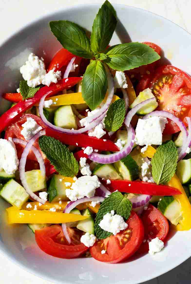 Verfrissende Zomerse Tomaten Komkommer Paprika Salade met Feta en Verse Kruiden