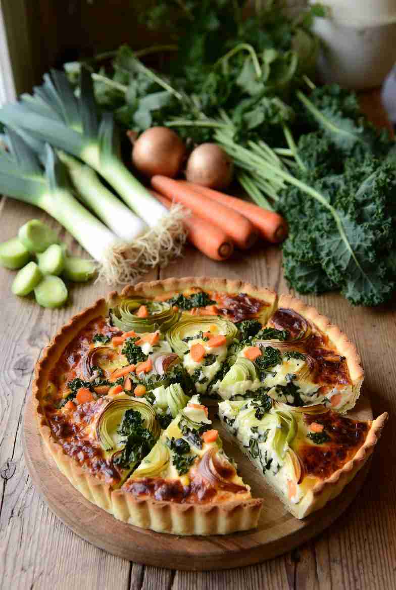 Wintergroente Quiche met Prei Wortel Ui en Boerenkool