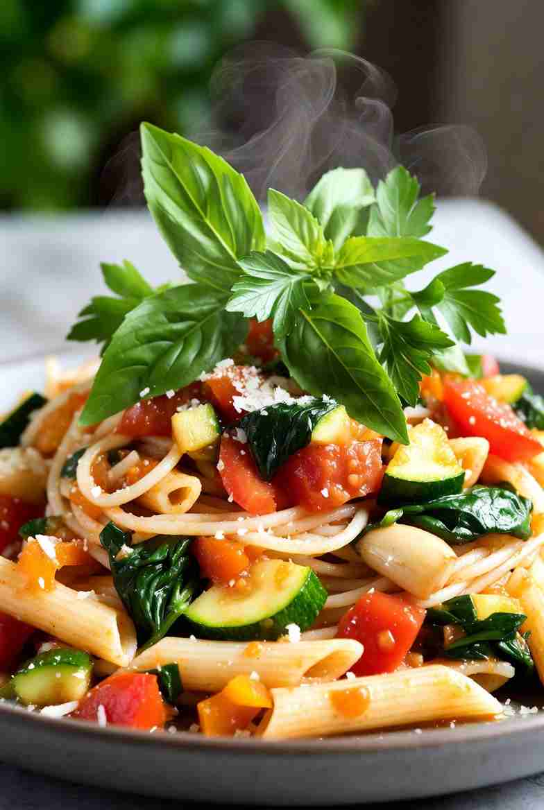 Zomerse Groente Pasta met Verse Tomaat Courgette en Kruiden