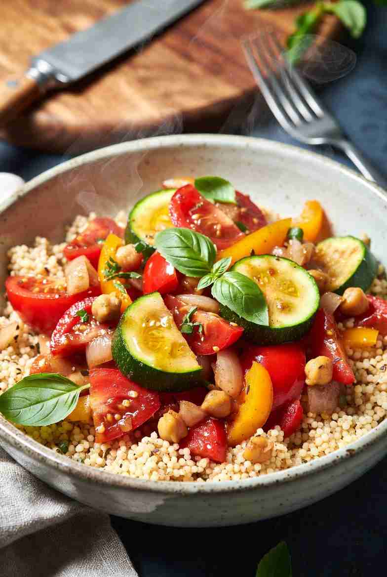 Zomerse Groentestoof met Courgette Tomaat Paprika en Kikkererwten ratatouille achtige eenpansmaaltijd