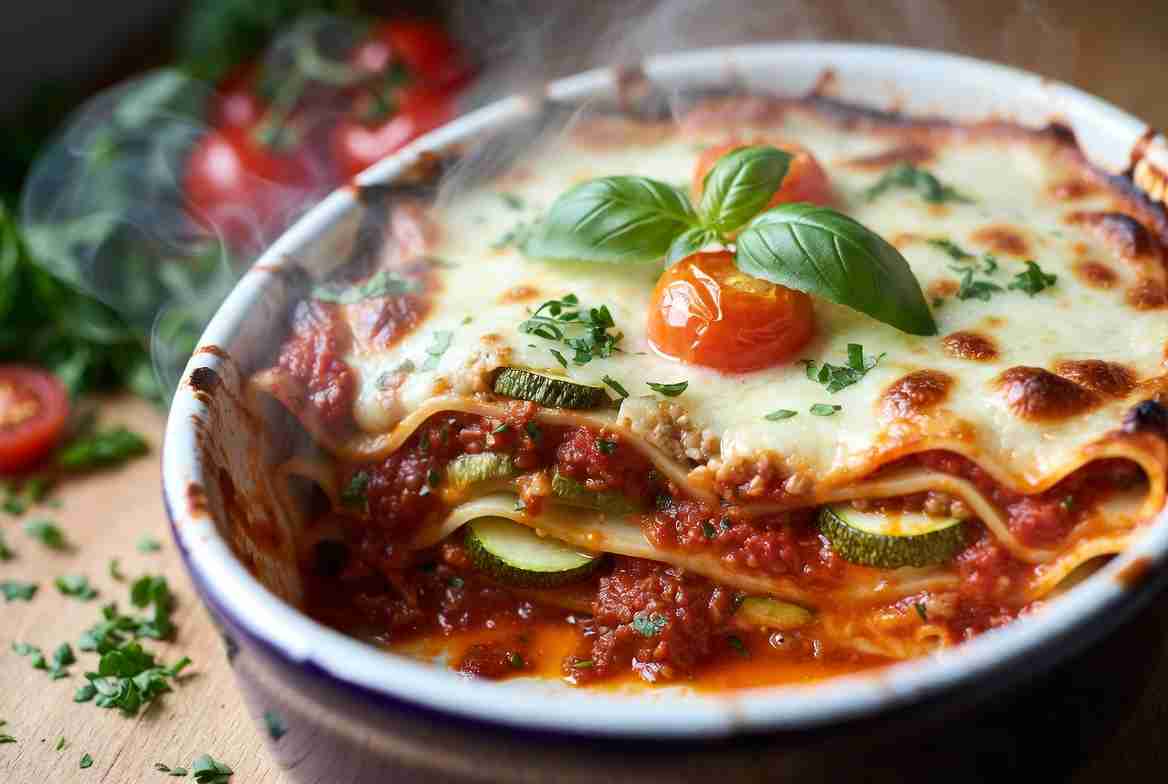 Zomerse Vollegrondslasagne met Verse Tomatensaus Courgette en Speltvelouté
