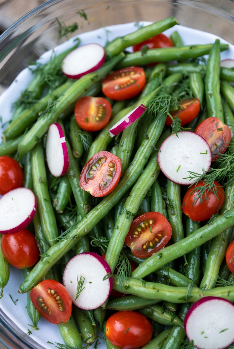 foto Verfrissende Sperziebonen Tomaat Salade met Radijs en Verse Dille koude maaltijdsalade