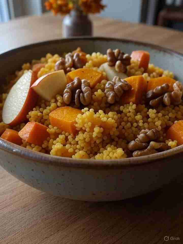 geroosterde pompoen wortelcouscous met appel en walnoten